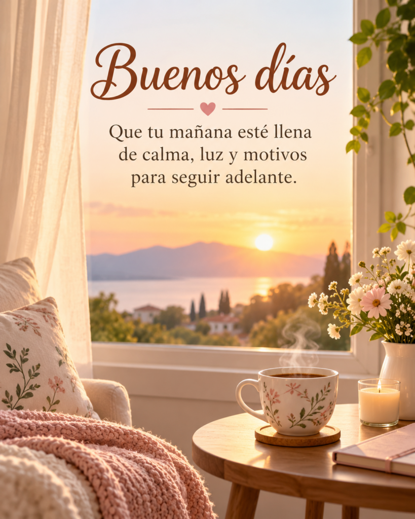 Taza de café junto a una ventana al amanecer con frase de buenos días