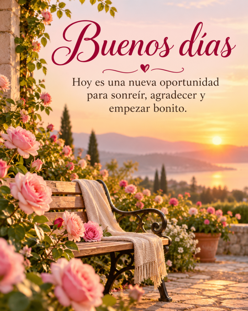 Jardín de rosas al amanecer con un mensaje positivo de buenos días