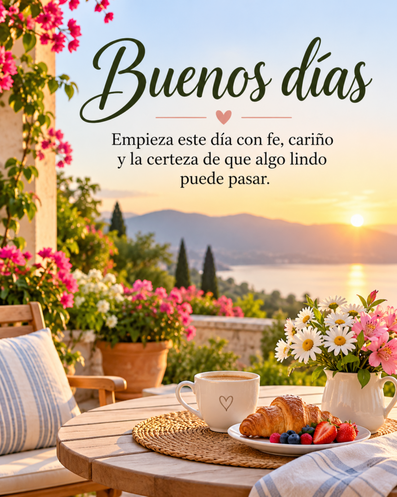 Imágenes bonitas de buenos días con desayuno y flores en una terraza soleada