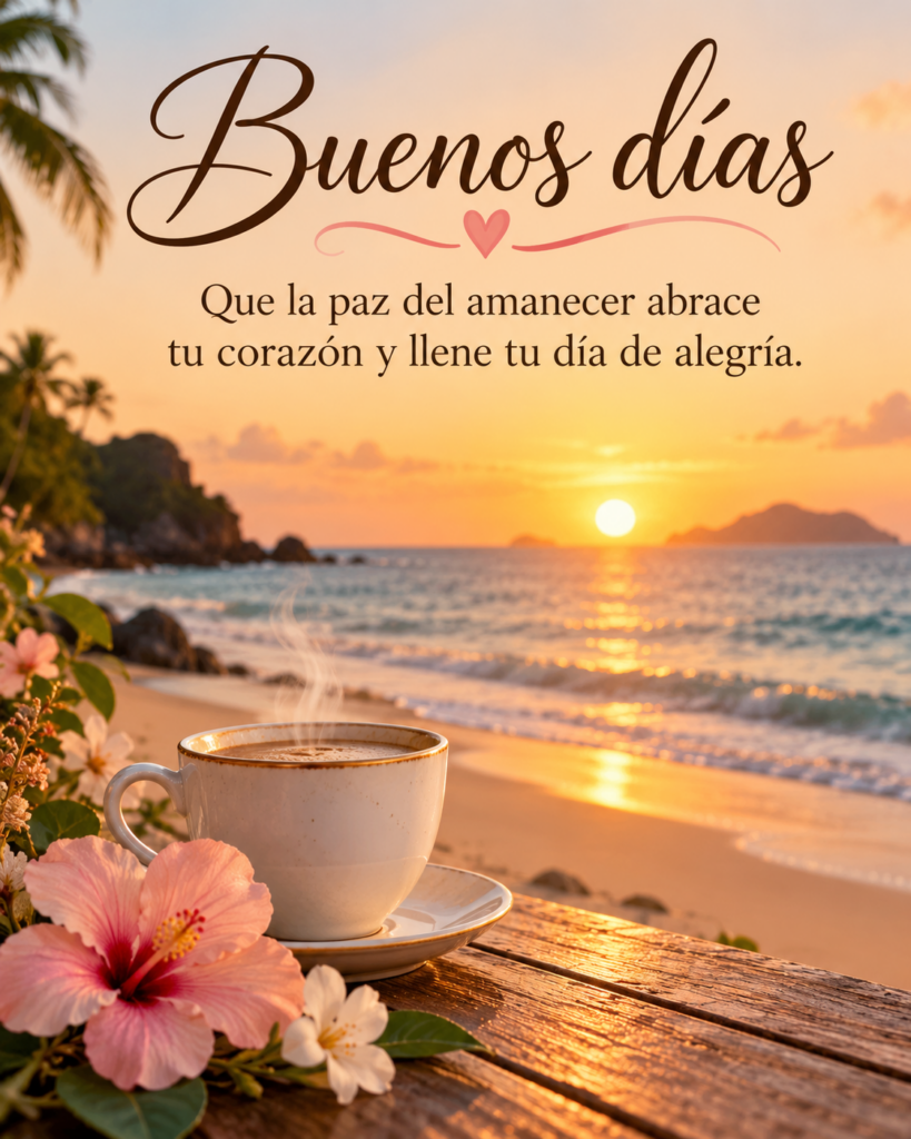 Imágenes bonitas de buenos días con amanecer frente al mar, flores y café