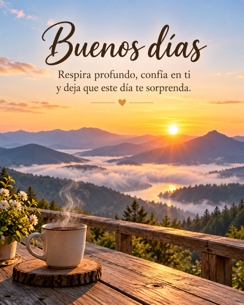 Imágenes bonitas de buenos días con amanecer sobre montañas y una taza de café