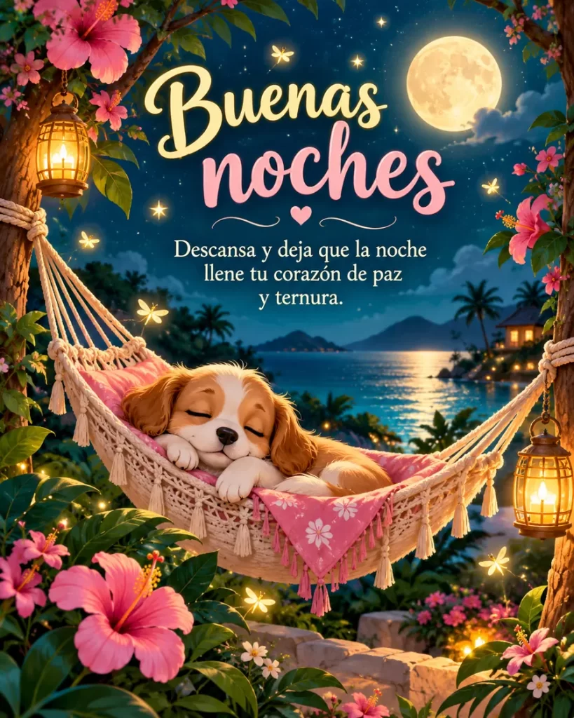 Cachorrito dormido en una hamaca rodeada de flores
