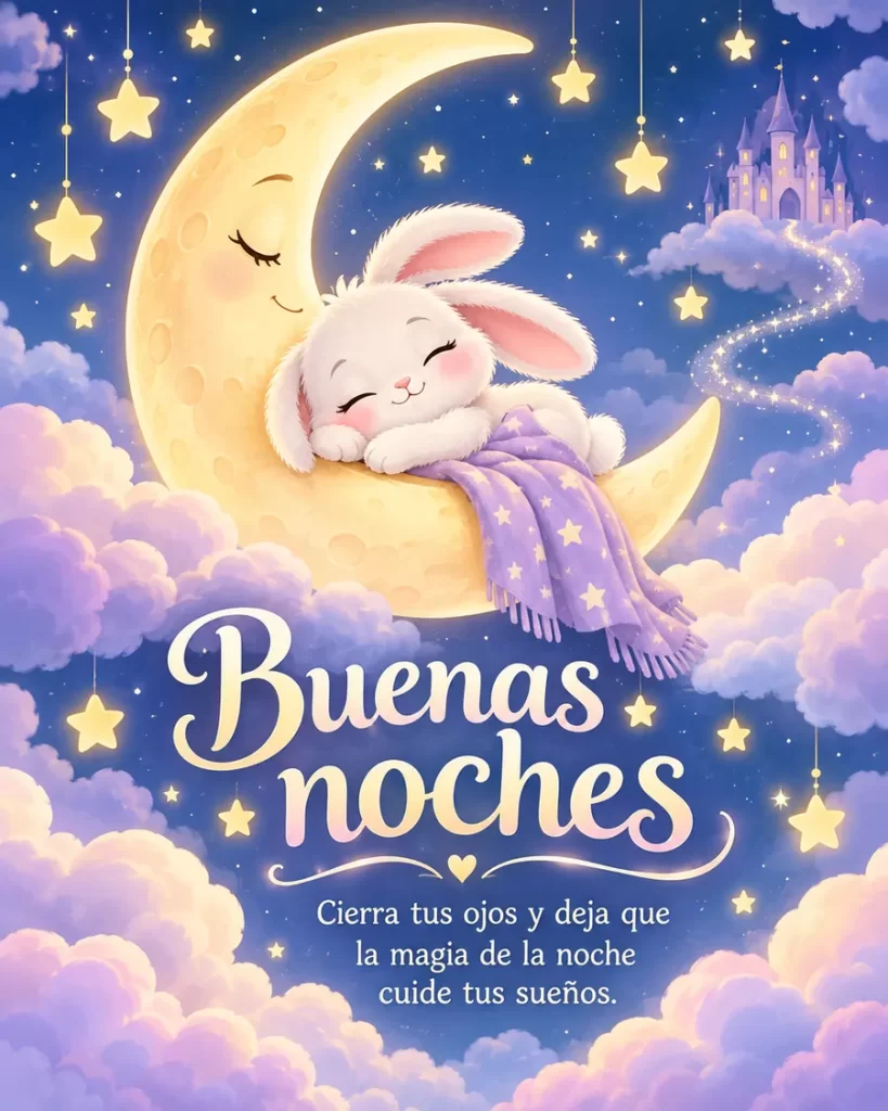 Imágenes de buenas noches con conejito durmiendo sobre la luna