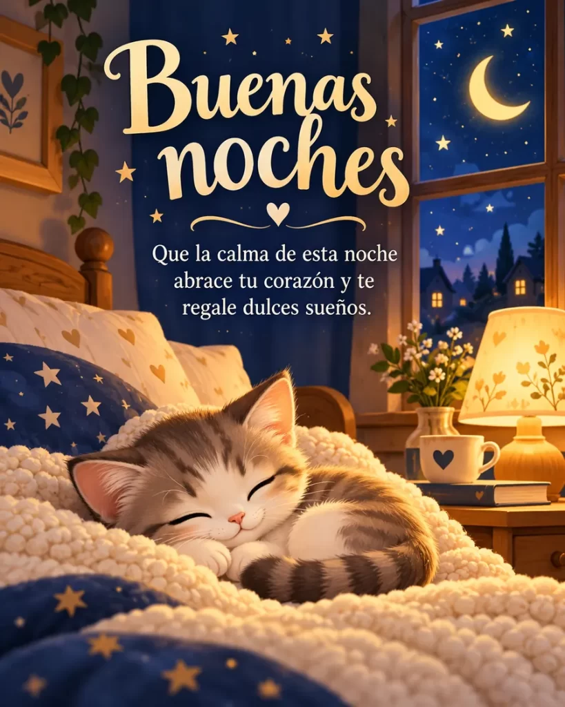 Gatito dormido bajo una manta junto a una ventana nocturna