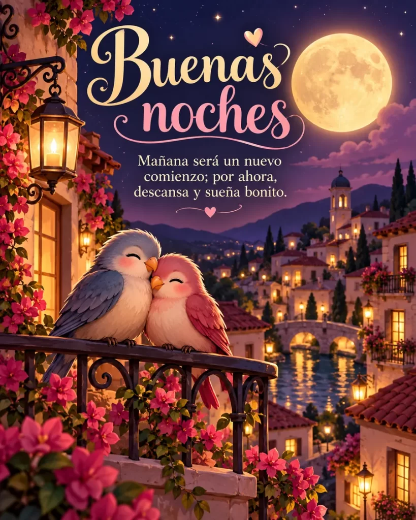 Dos pajaritos juntos en un balcón iluminado por la luna