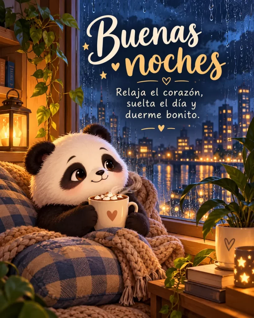 Mensaje de buenas noches con panda junto a una ventana lluviosa