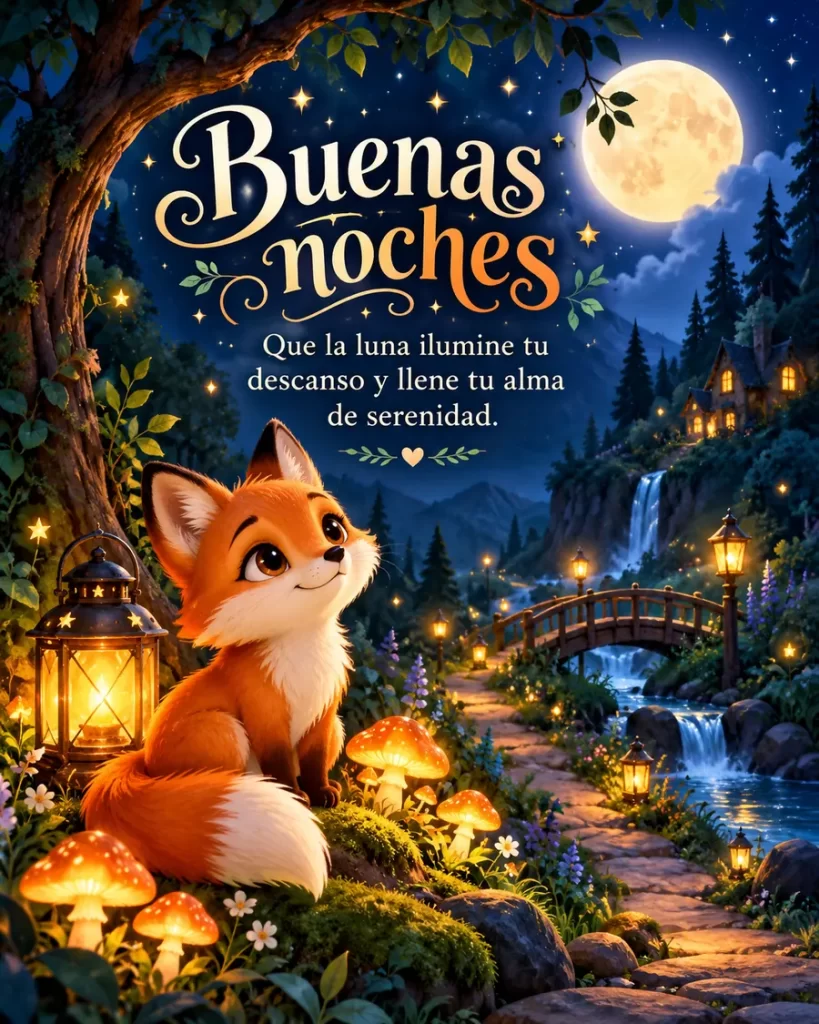 Frase de buenas noches con zorrito bajo la luna