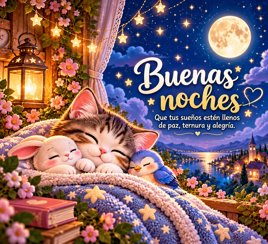 Imágenes bonitas de buenas noches con gatito, conejito y pajarito bajo la luna