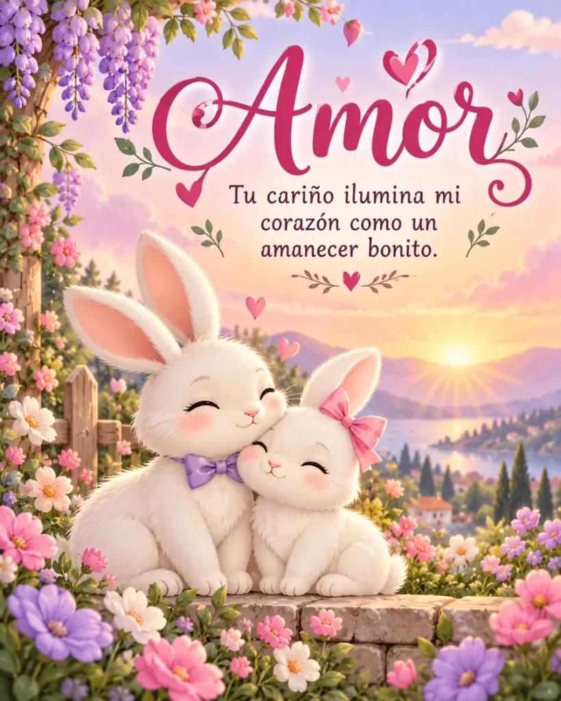 Dos conejitos tiernos entre flores al amanecer
