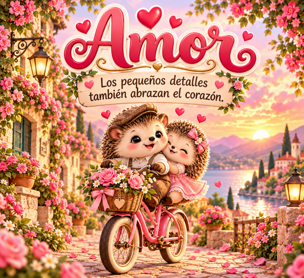 Imagen tierna de amor con dos erizos en bicicleta rodeados de flores y frase romántica al atardecer