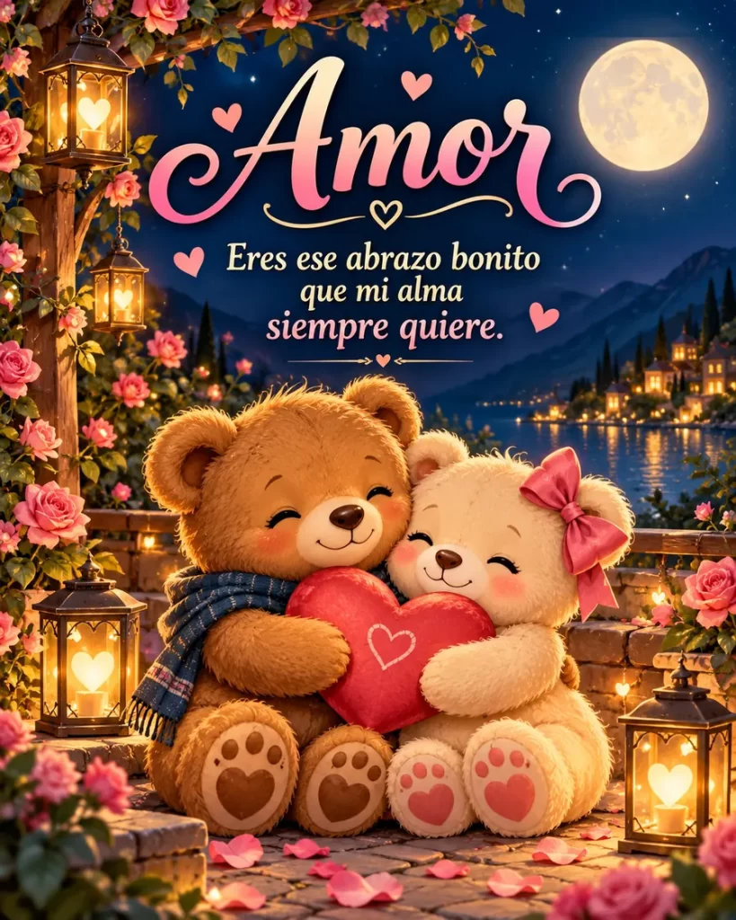 Dos ositos abrazados sosteniendo un corazón rojo