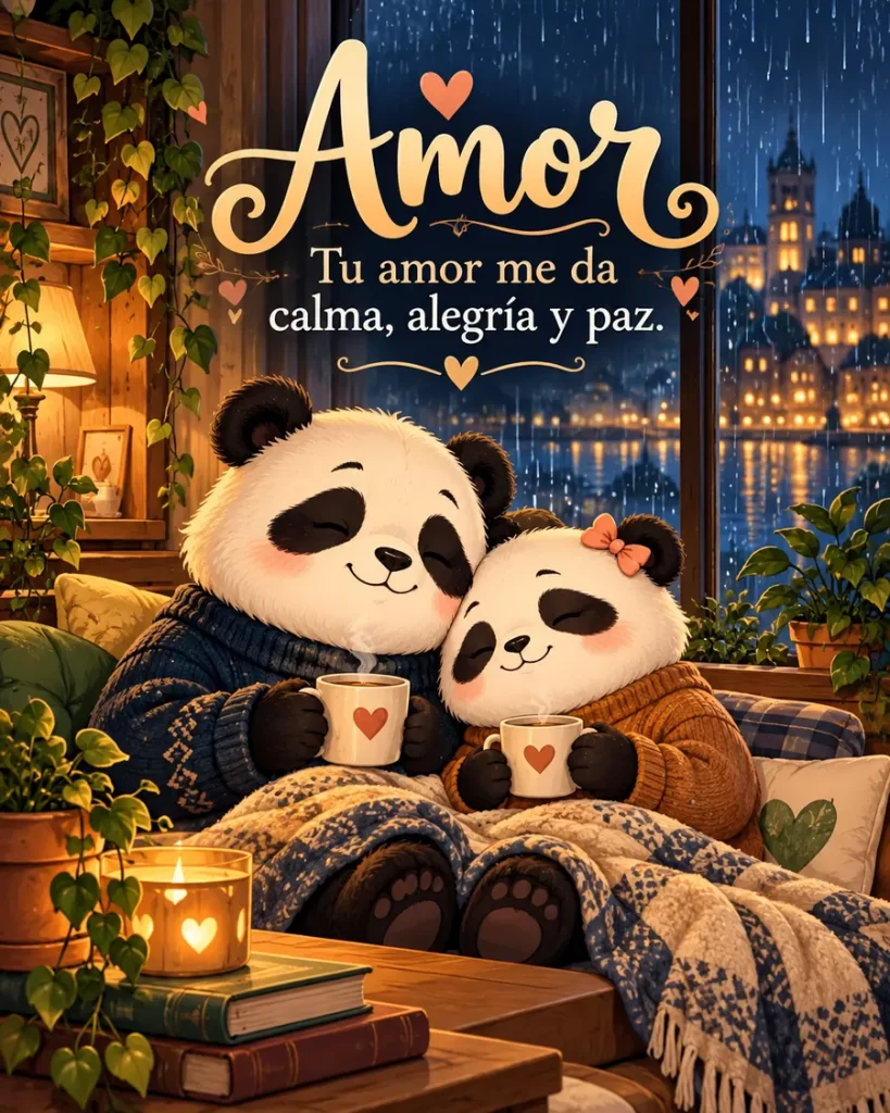 Pareja de pandas abrazados junto a una ventana lluviosa