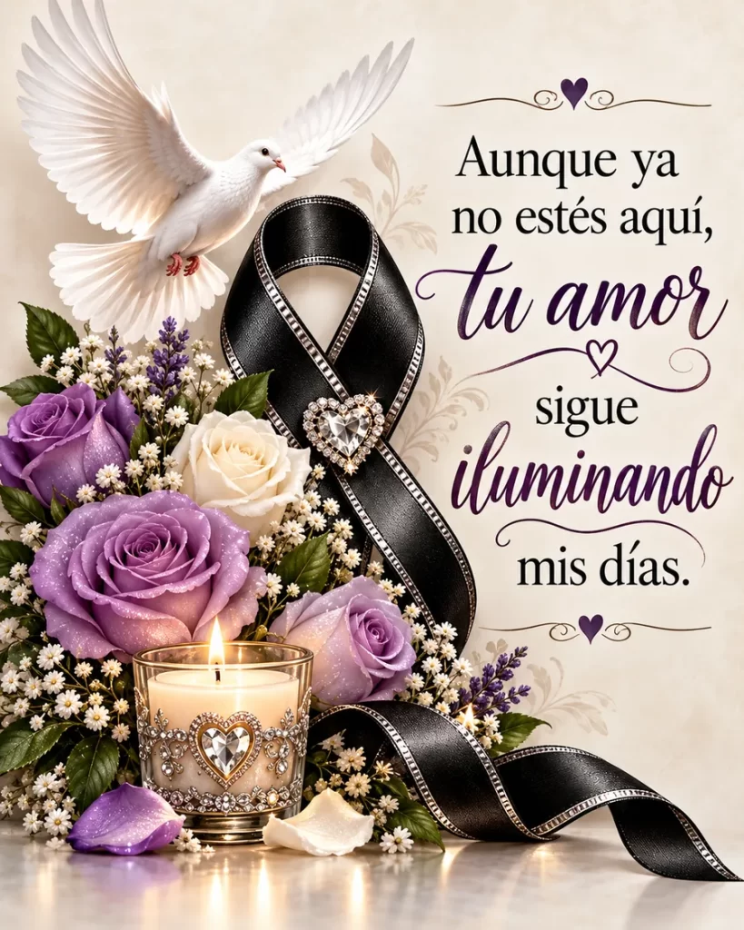 Flores lilas y blancas con lazo negro, paloma, vela y mensaje Aunque ya no estés aquí, tu amor sigue iluminando mis días.