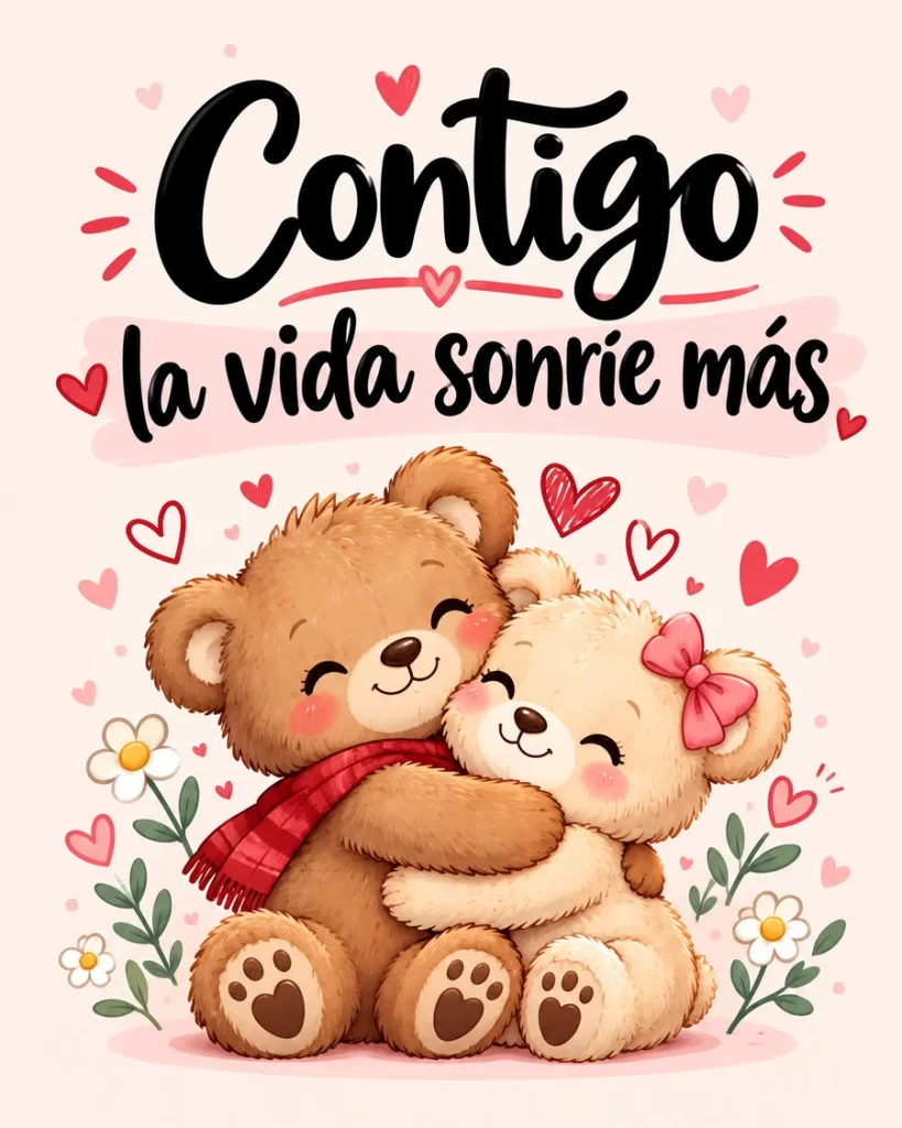 Imagen bonita de dos ositos de peluche abrazados con corazones y flores, acompañados de la frase Contigo la vida sonríe más.