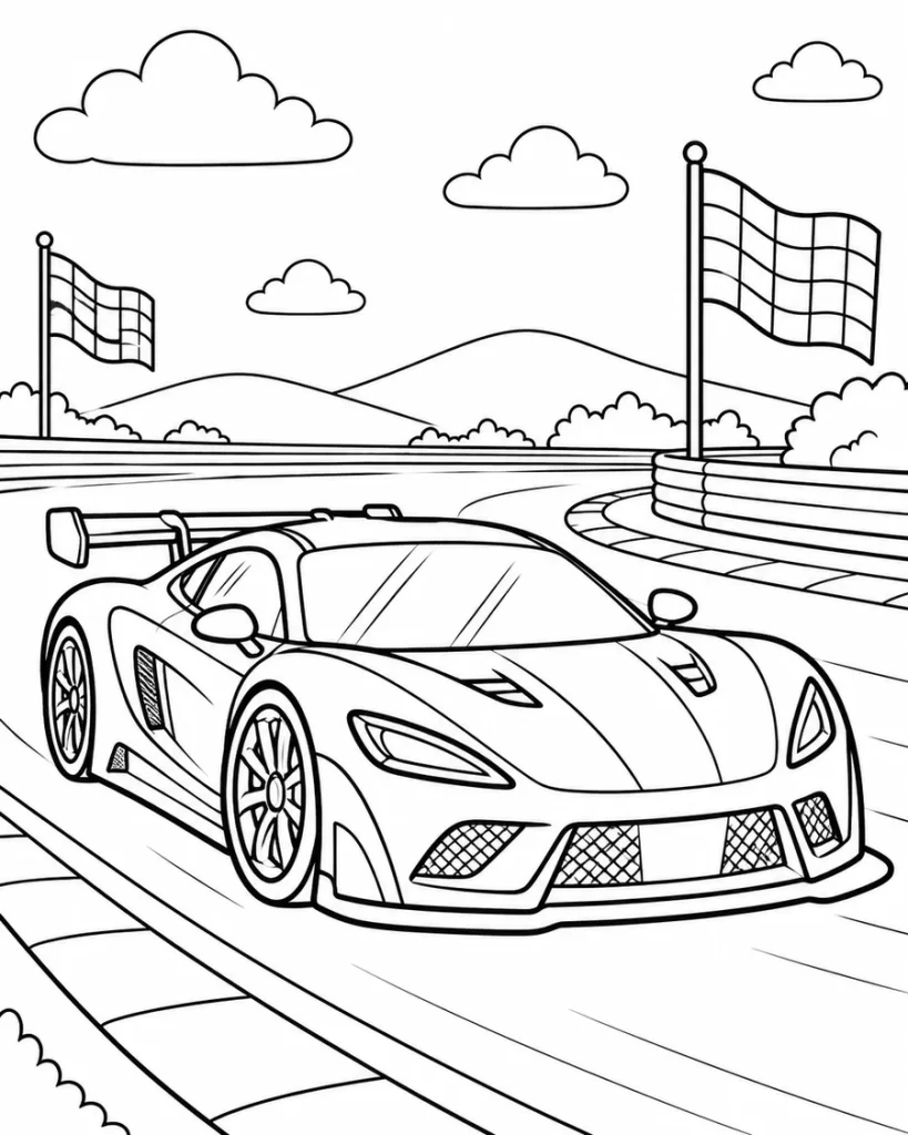 Dibujo de auto deportivo en pista de carreras para pintar
