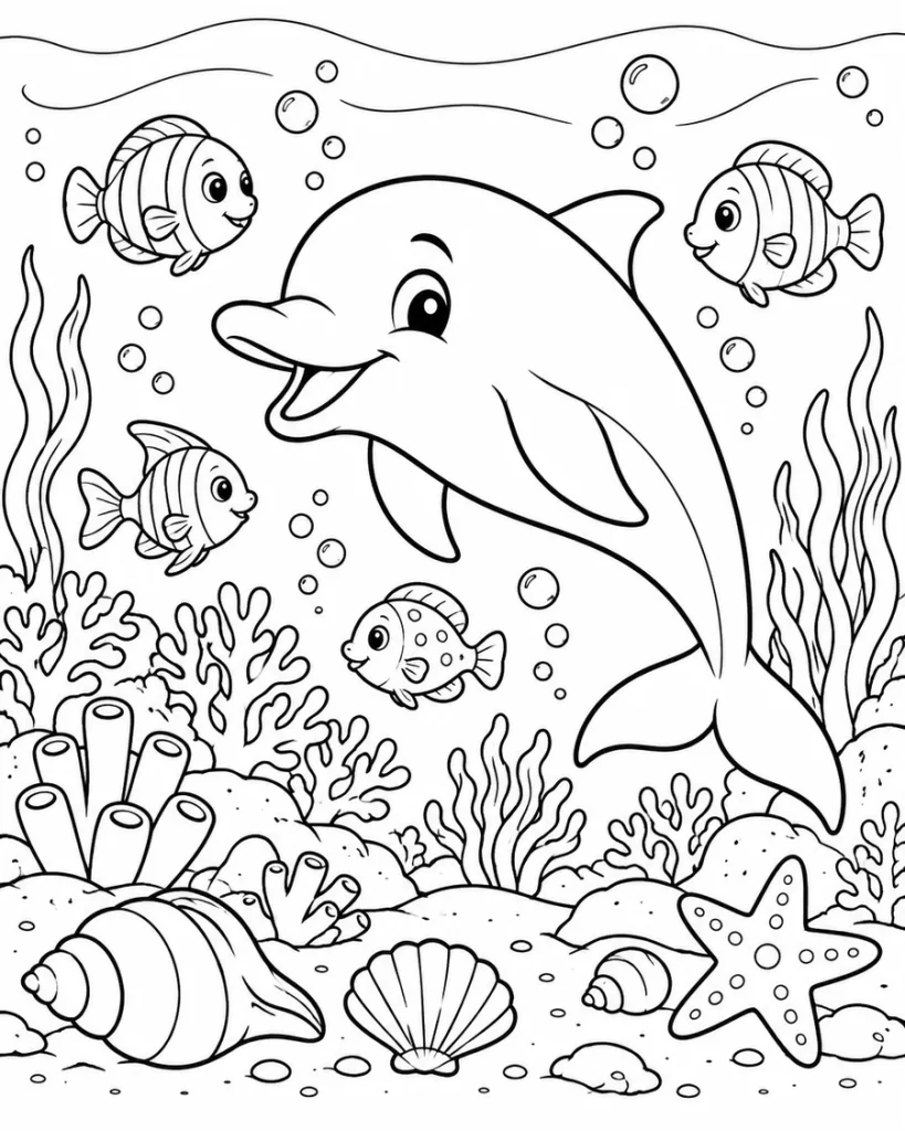 Dibujos para colorear de delfín peces corales y fondo marino