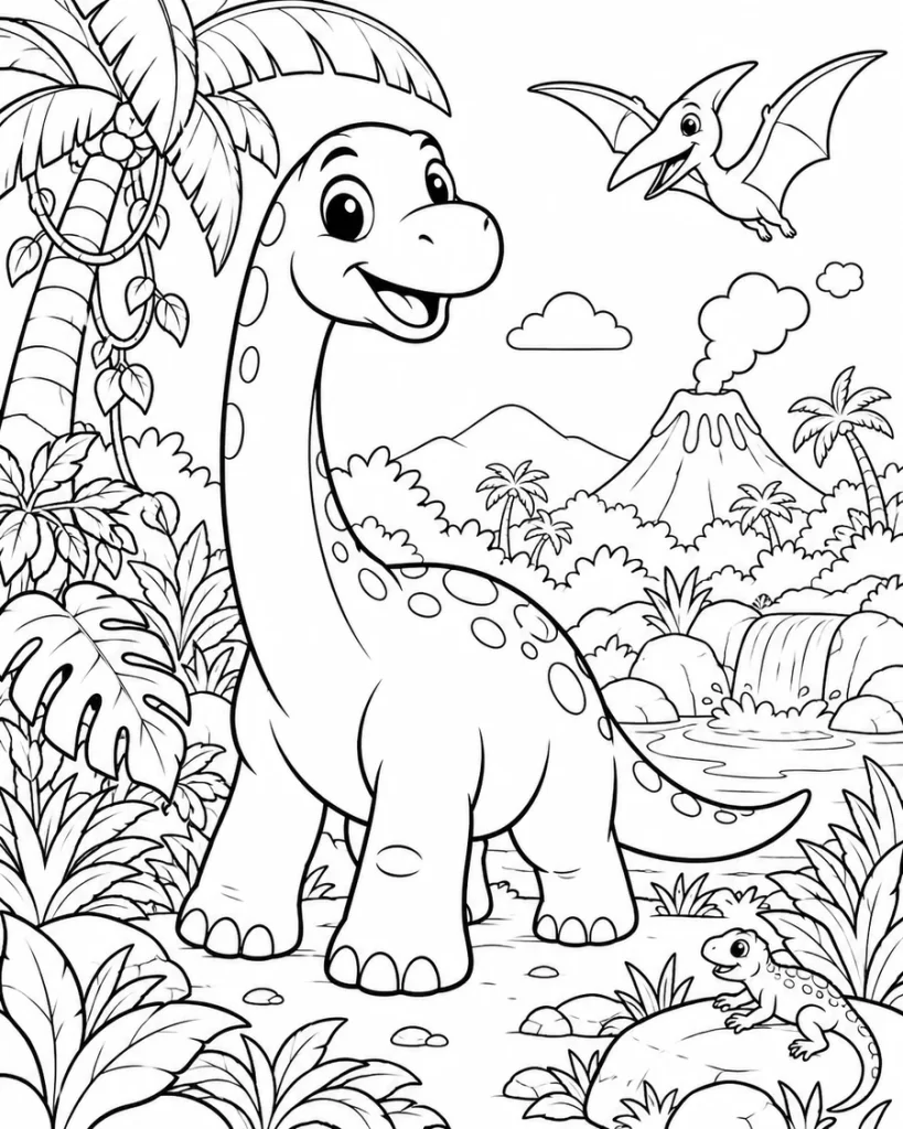 Dibujo para colorear de dinosaurio en una jungla con volcán