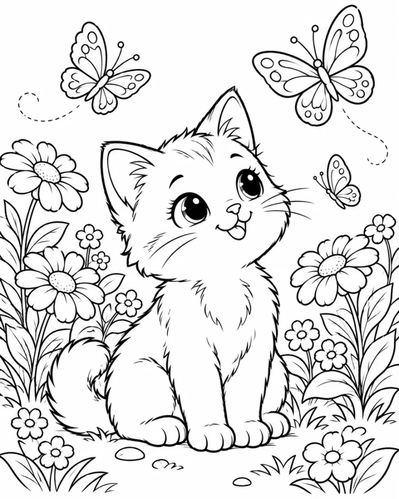 Dibujos para colorear de gatito con mariposas y flores