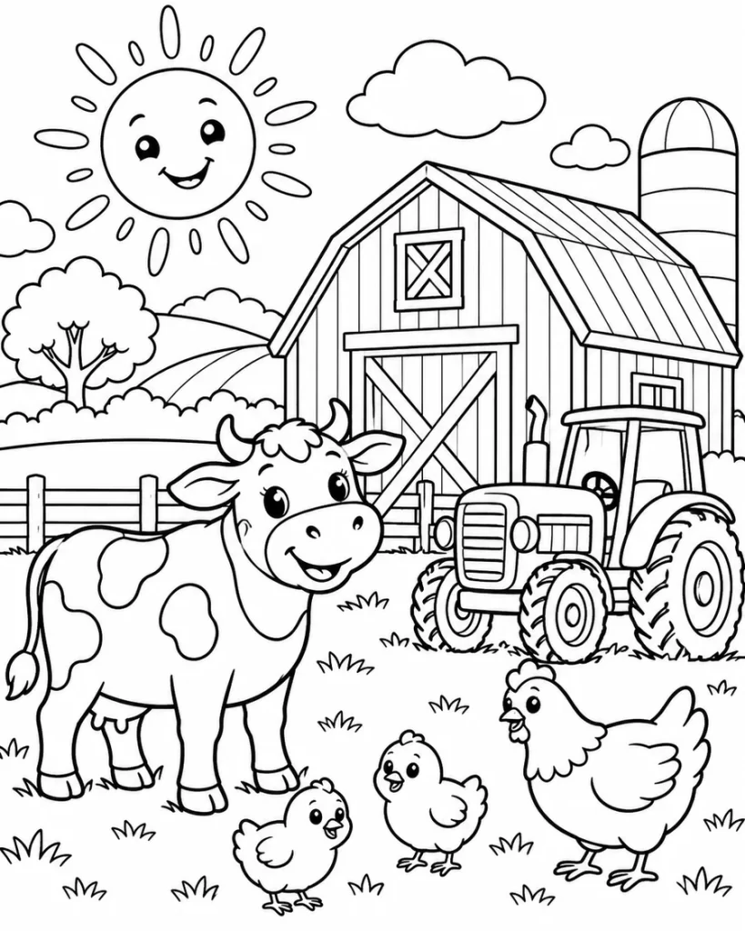 Dibujo infantil de granja con vaca gallinas tractor y granero