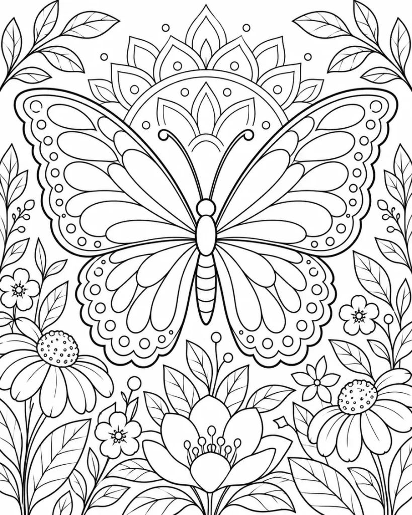 Dibujos para colorear de mariposa grande con flores y hojas