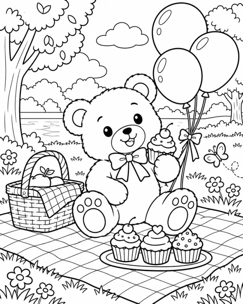 Dibujos para colorear de osito en picnic con globos y pastel