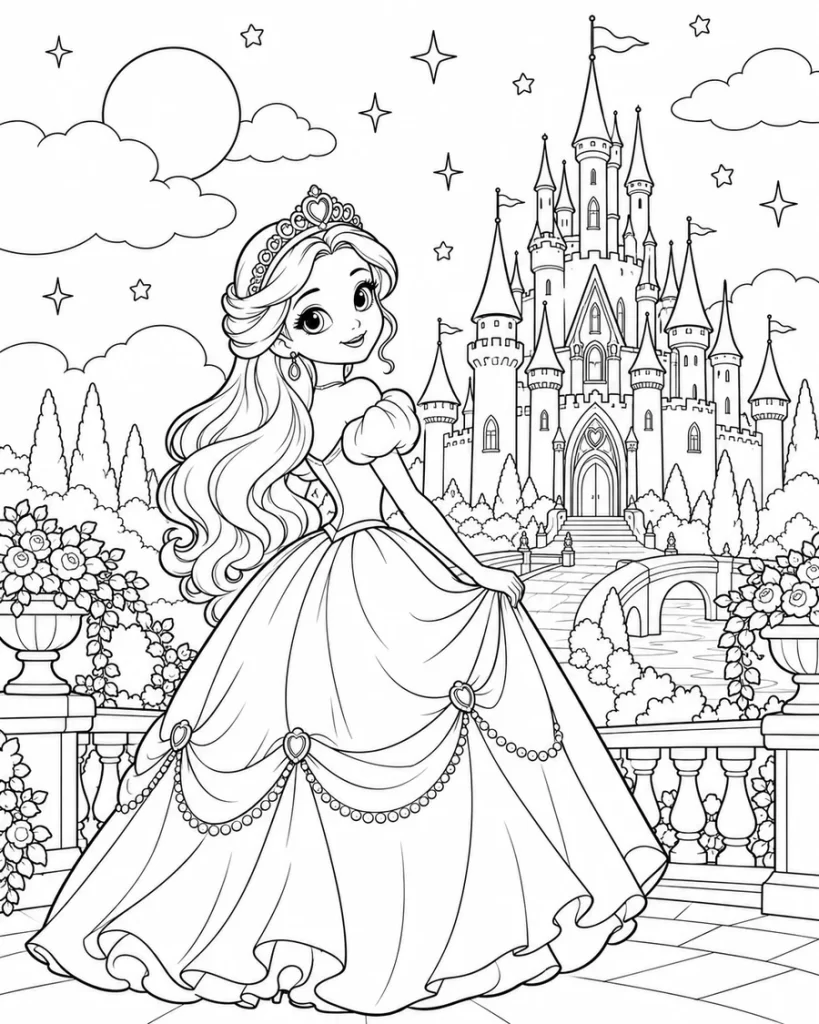 Dibujo infantil de princesa frente a un castillo de fantasía