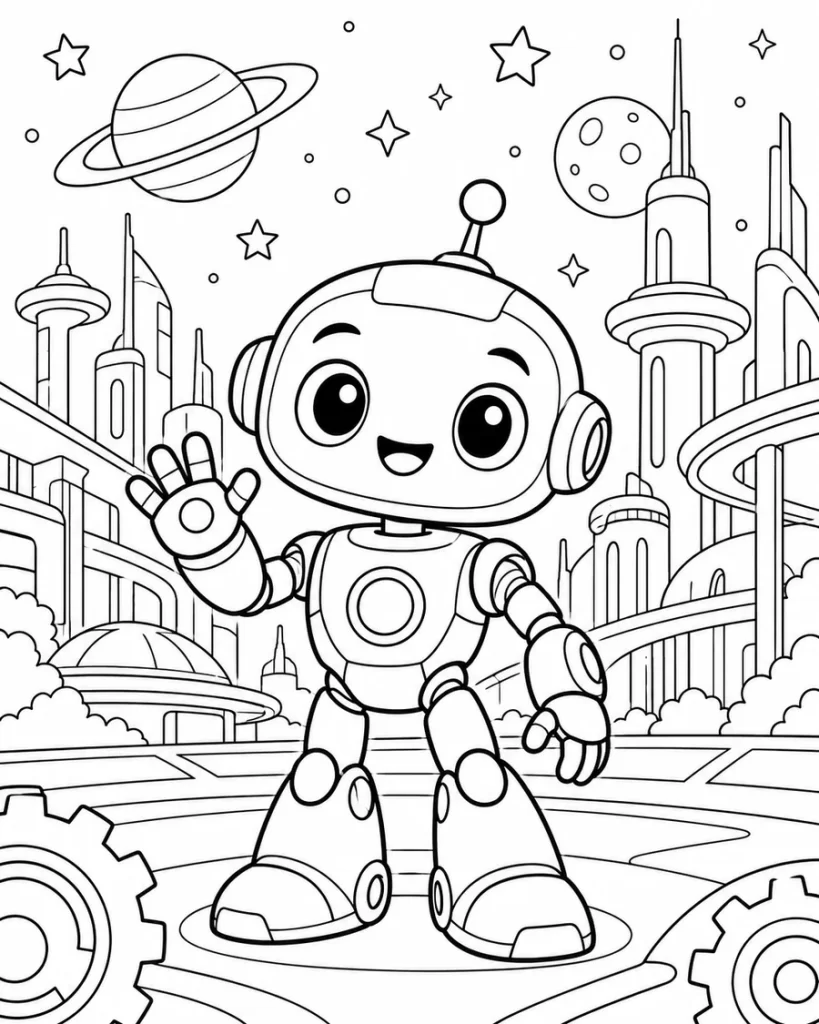 Dibujo infantil de robot amistoso en una ciudad futurista