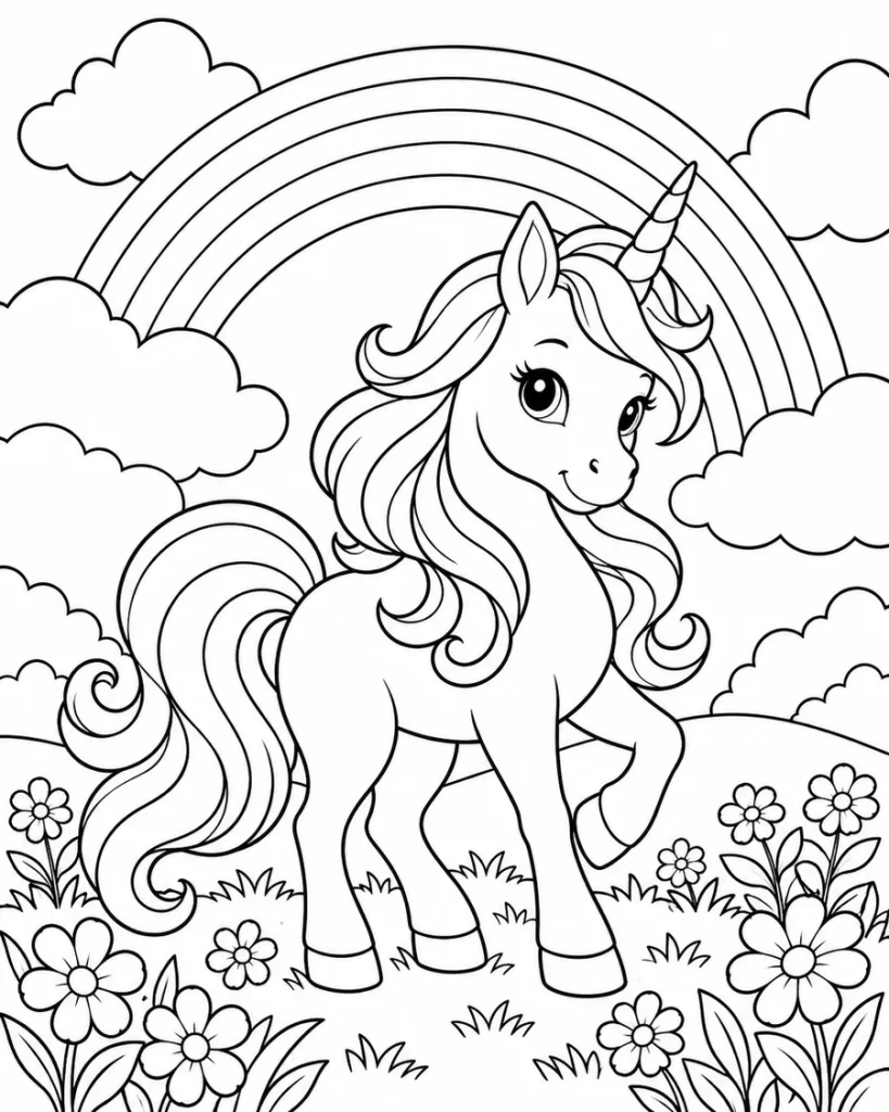 Dibujos para colorear de unicornio con arcoíris flores y nubes