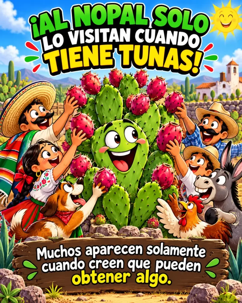 Nopal lleno de tunas rodeado de personas en un paisaje mexicano