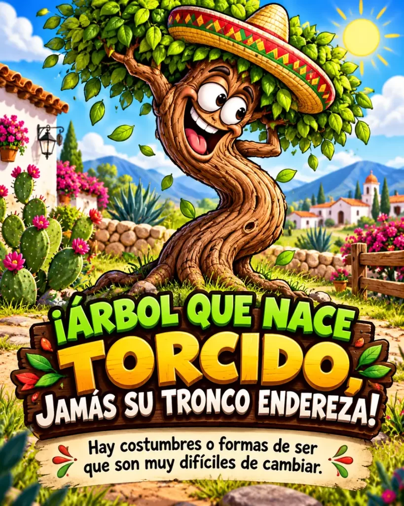 Árbol de tronco curvado con sombrero en un paisaje rural mexicano