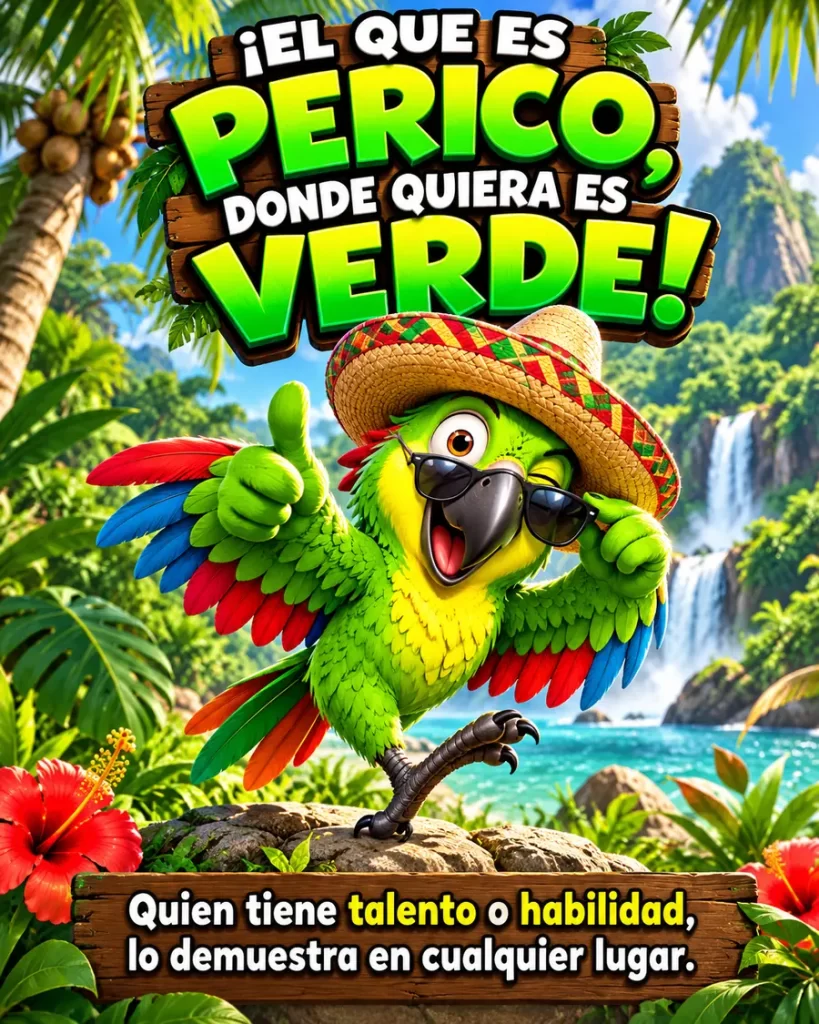 Loro verde con sombrero mexicano representando talento y habilidad