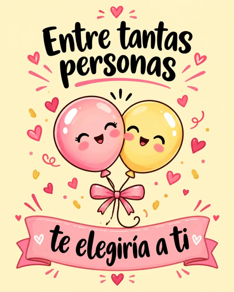 Imagen romántica con dos globos sonrientes de colores rosa y amarillo, corazones y la frase Entre tantas personas te elegiría a ti.