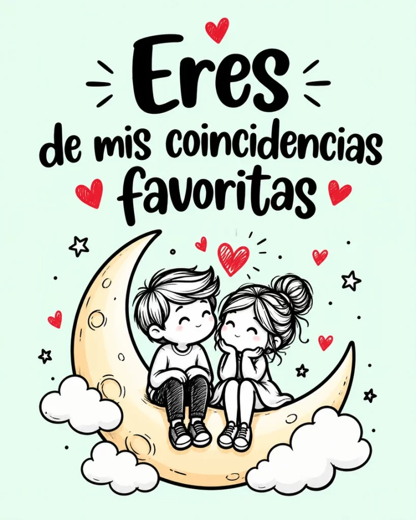 Imagen romántica de una pareja sentada sobre una luna creciente entre nubes, estrellas y corazones, con la frase Eres de mis coincidencias favoritas.