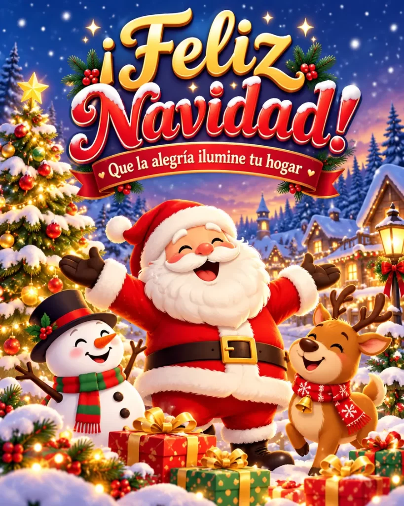 Papá Noel sonriente con muñeco de nieve y reno junto a regalos y árboles iluminados en un pueblo nevado, con una felicitación de Feliz Navidad.