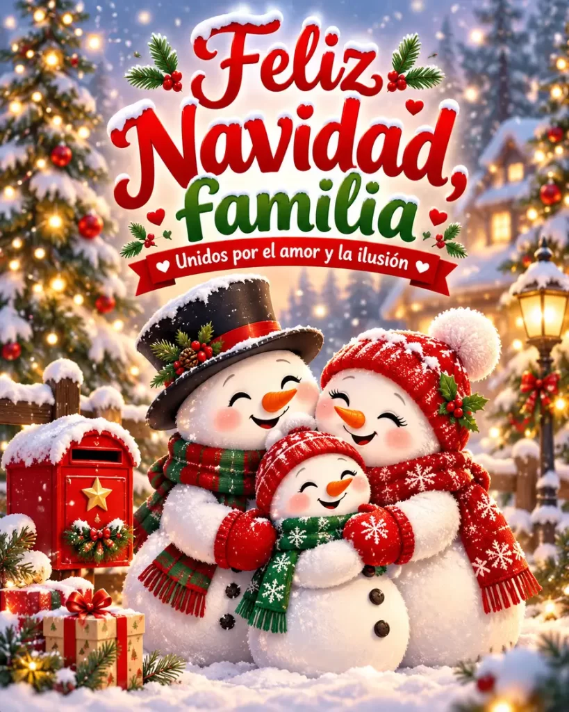 Familia de tres muñecos de nieve abrazados con gorros y bufandas navideñas en un paisaje nevado iluminado, bajo la frase Feliz Navidad familia.