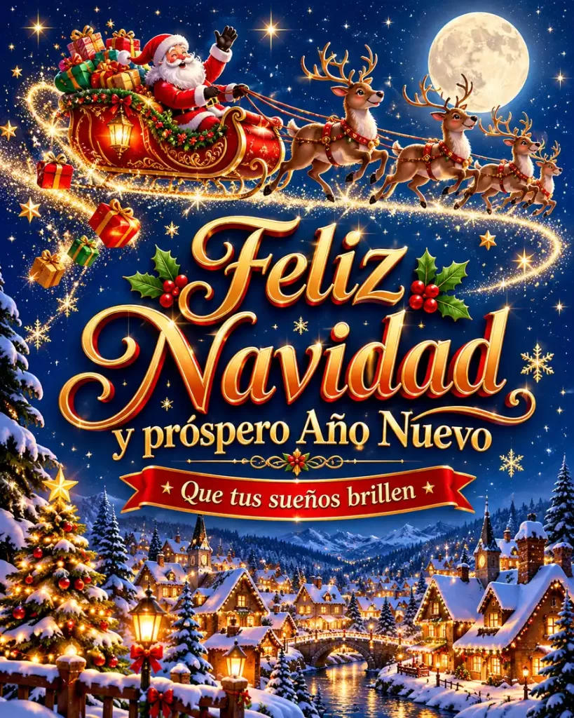 Papá Noel en un trineo volador tirado por renos sobre un pueblo iluminado y nevado, con un mensaje de Feliz Navidad y próspero Año Nuevo.