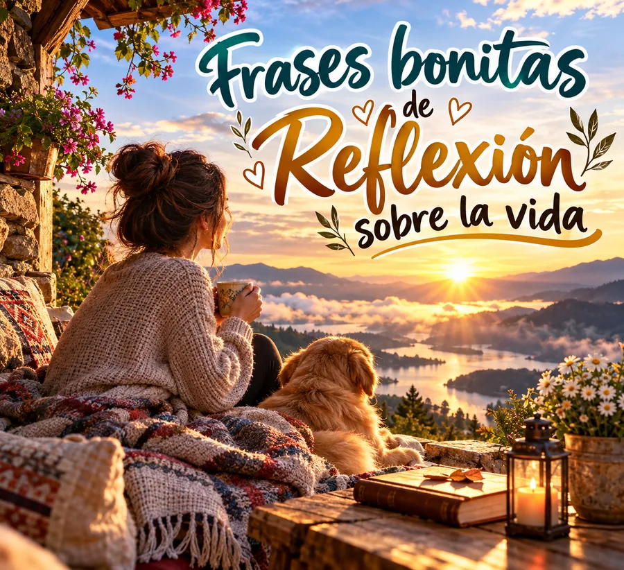 Frases bonitas de reflexión sobre la vida con mujer y perro contemplando el amanecer