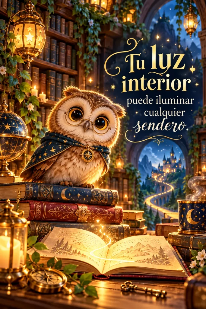 Frases motivadoras con búho entre libros y luces Frases bonitas y motivadoras con búho en biblioteca nocturna