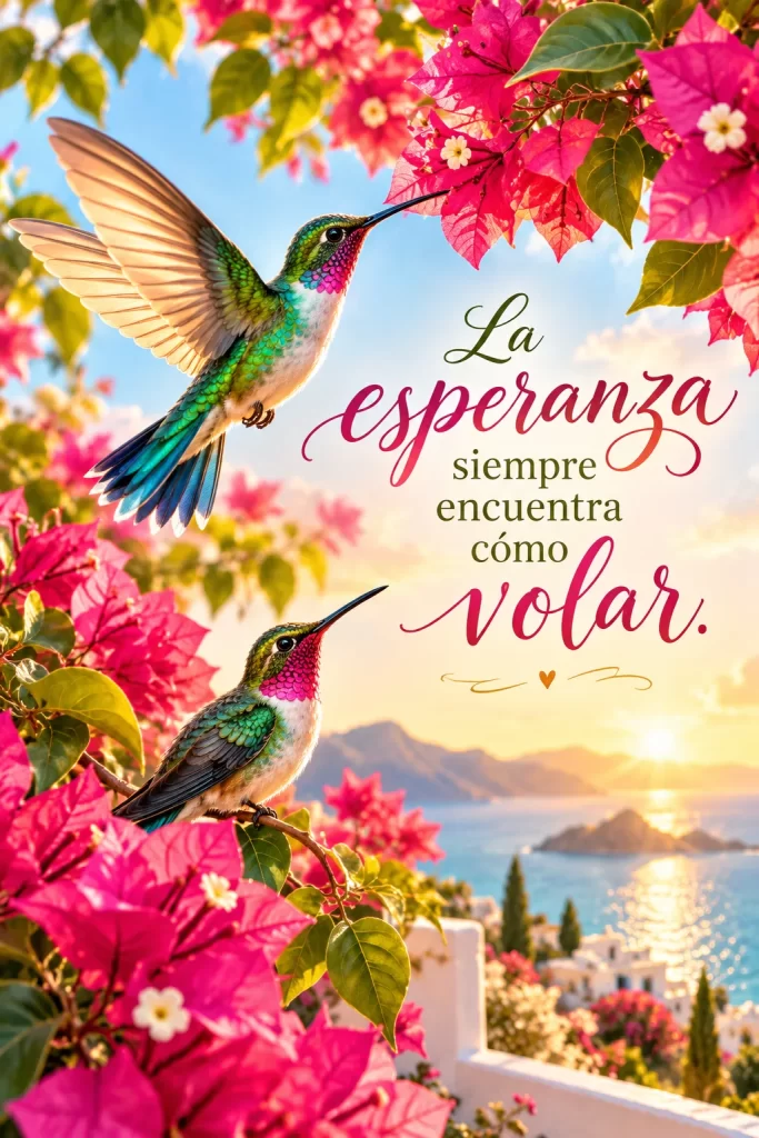 Frases bonitas y motivadoras con colibríes entre flores rosas