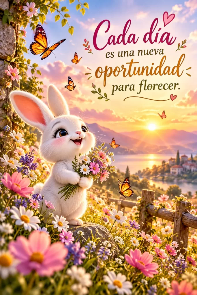 Frases bonitas y motivadoras con conejito entre flores al amanecer
