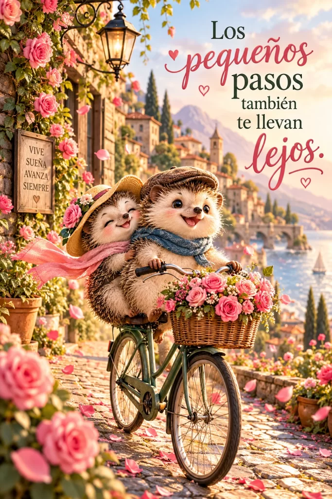 Dos erizos paseando en bicicleta por una calle llena de rosas