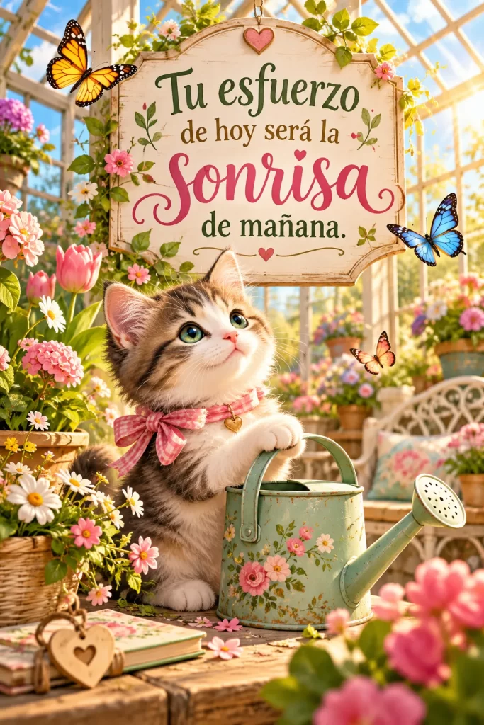 Gatito observando plantas y flores dentro de un invernadero iluminado
