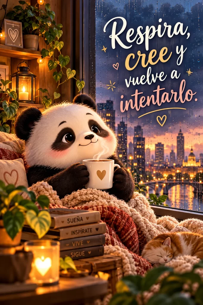 Panda tomando una bebida caliente junto a una ventana en un día de lluvia