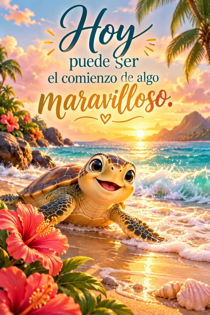 Frase motivadora con pequeña tortuga avanzando por una playa al atardecer