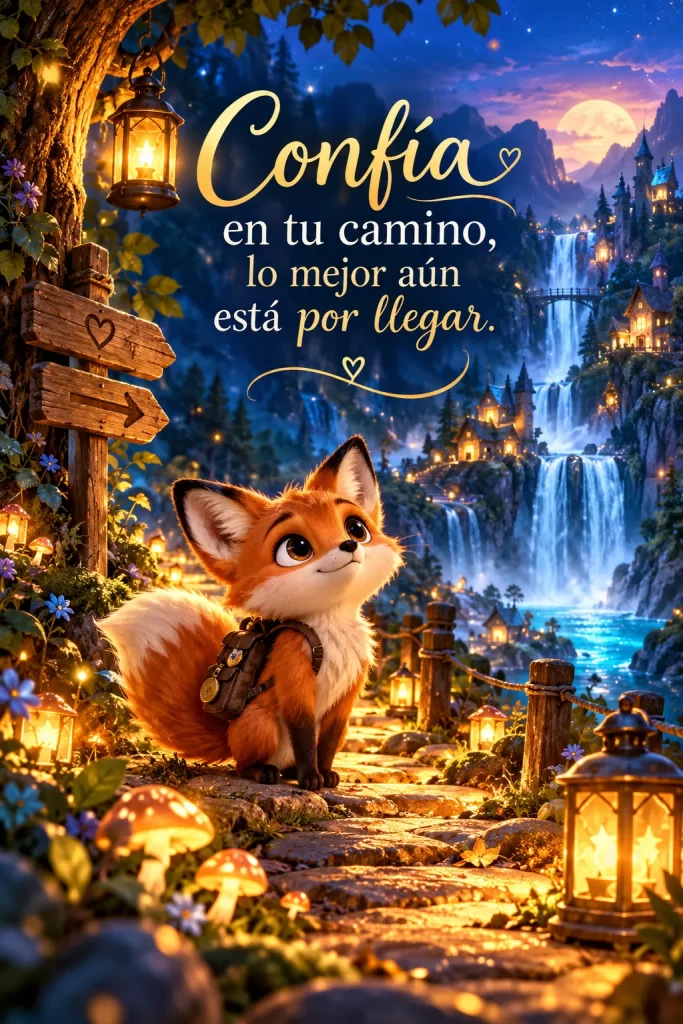Zorrito explorador caminando por un sendero iluminado hacia un paisaje mágico