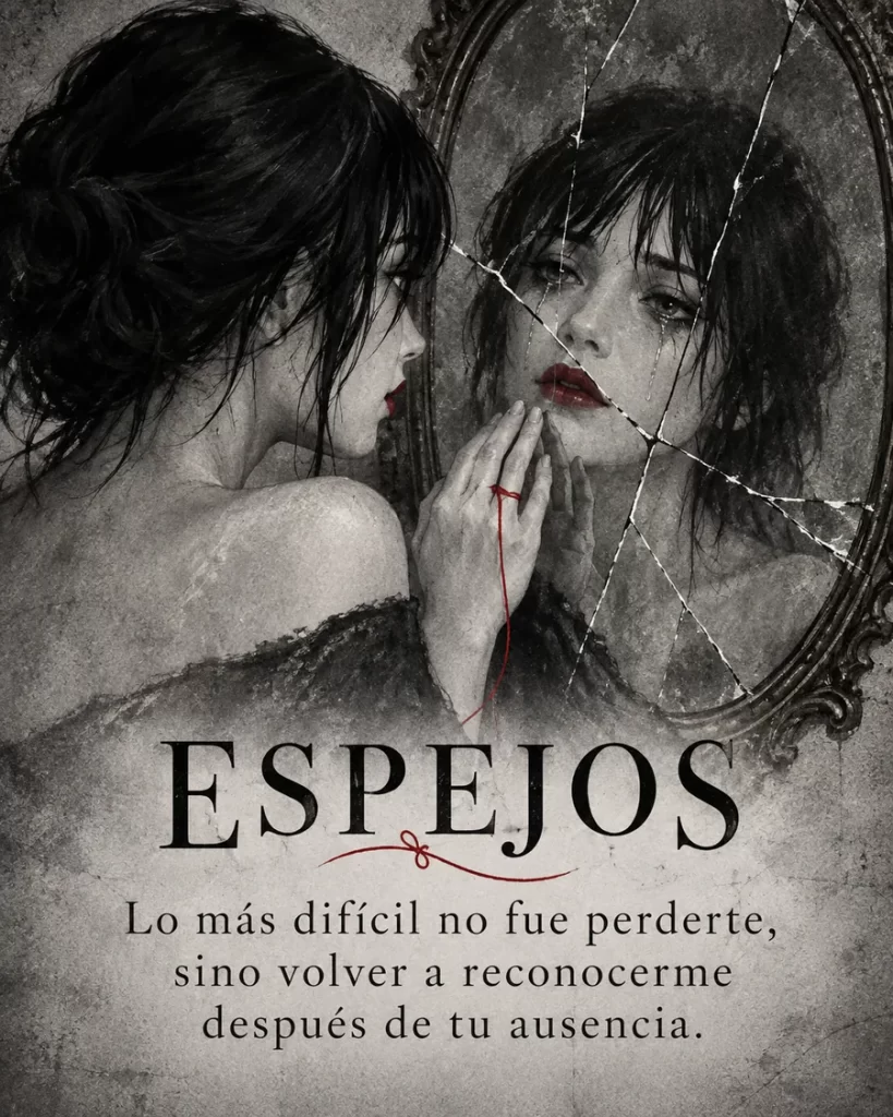 Mujer frente a espejo roto después de una ruptura sentimental