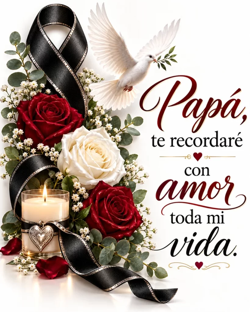 Rosas rojas y blancas, paloma, vela y frase para recordar a papá fallecido con amor toda la vida.