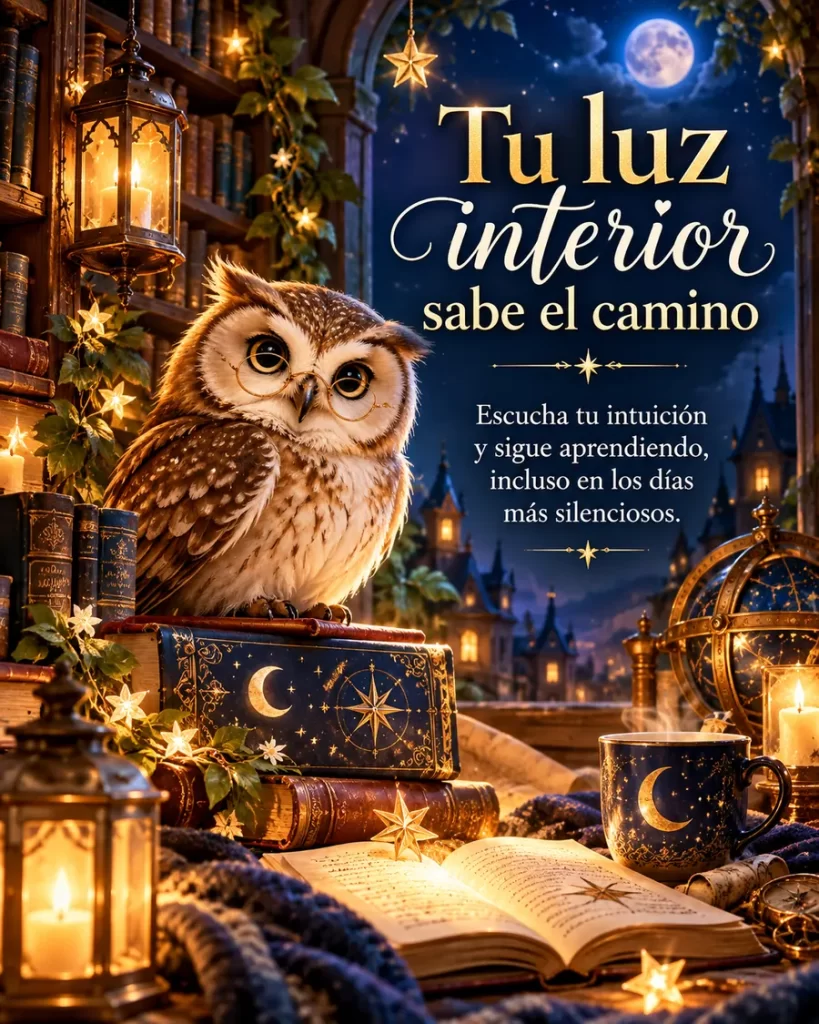 Búho junto a libros y faroles en una biblioteca nocturna