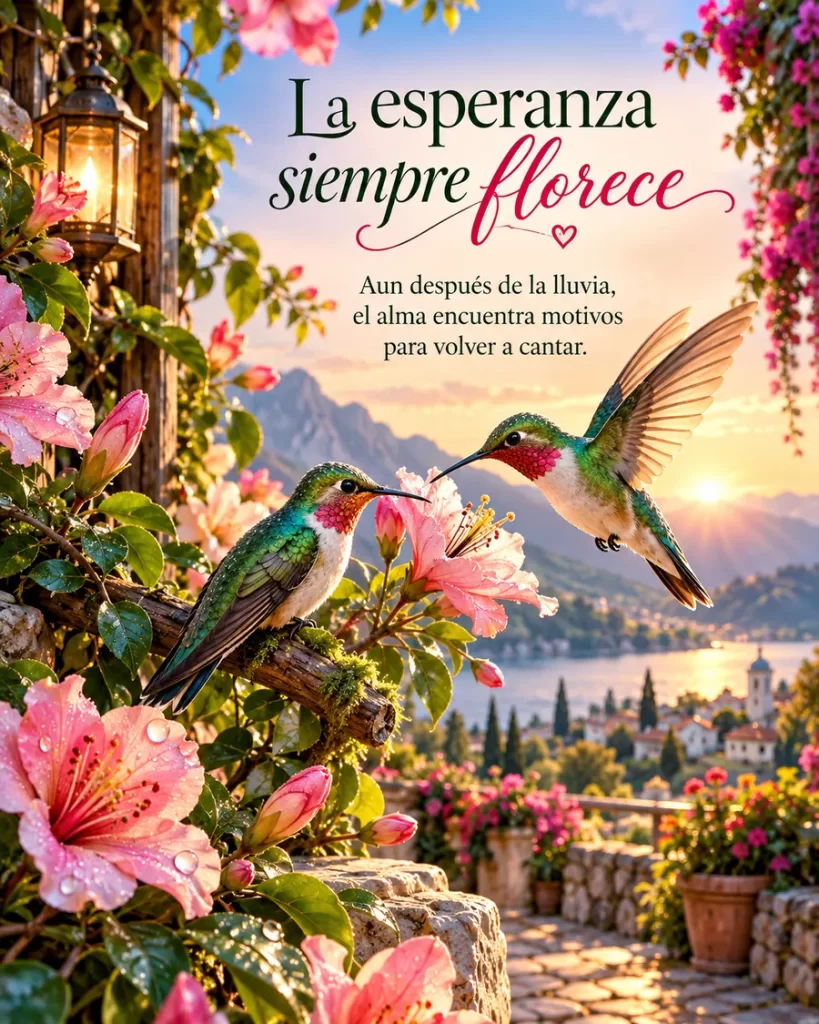 Dos colibríes volando entre flores con luz cálida del atardecer