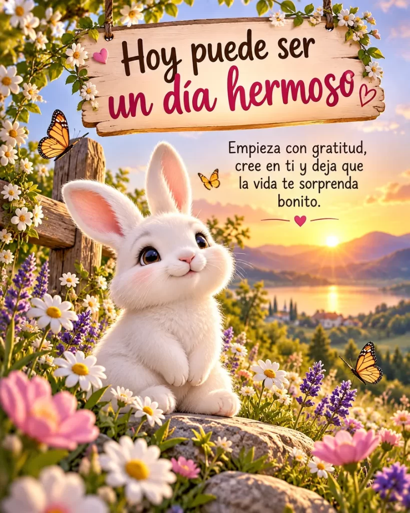 Conejito blanco entre flores y mariposas durante un amanecer luminoso